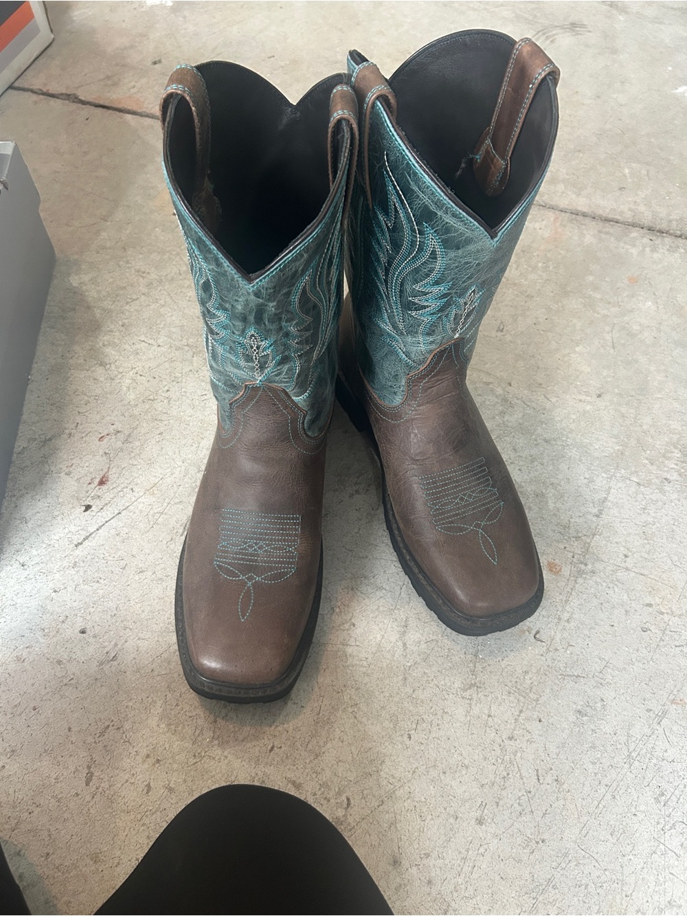 J.B. Dillon Brown Leather Cowboy Boots with Teal Stitching